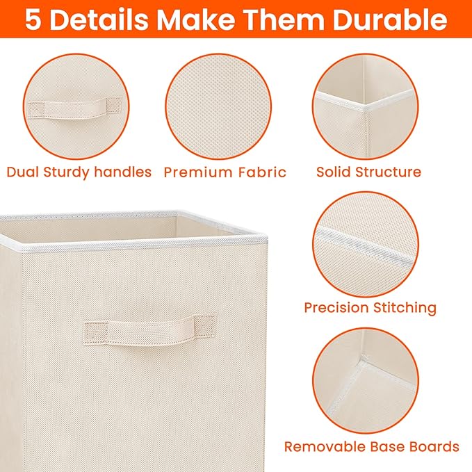 Criusia Storage Cubes - 11 Inch Heavy Duty Fabric Storage Bins for Shelves Closet Cube Organizer - 8 Pack Collapsible Cube Storage Bins Baskets for Clothes Blankets Toys - Nursery Organization (Beige) - Image 3