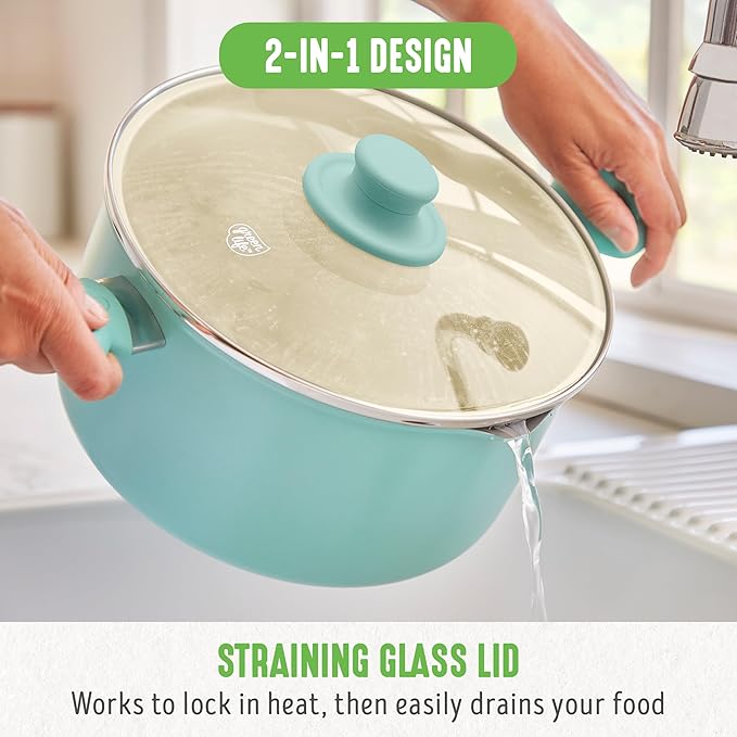 GreenLife 6QT Nonstick Stockpot with Straining Lid, Soft Grip, PFAS-Free Ceramic, Pour Spout, Multipurpose Cooking Pot, Sauces & Soups, Milk Pan, Stay-Cool Handles, Dishwasher & Oven Safe, Turquoise - Image 7