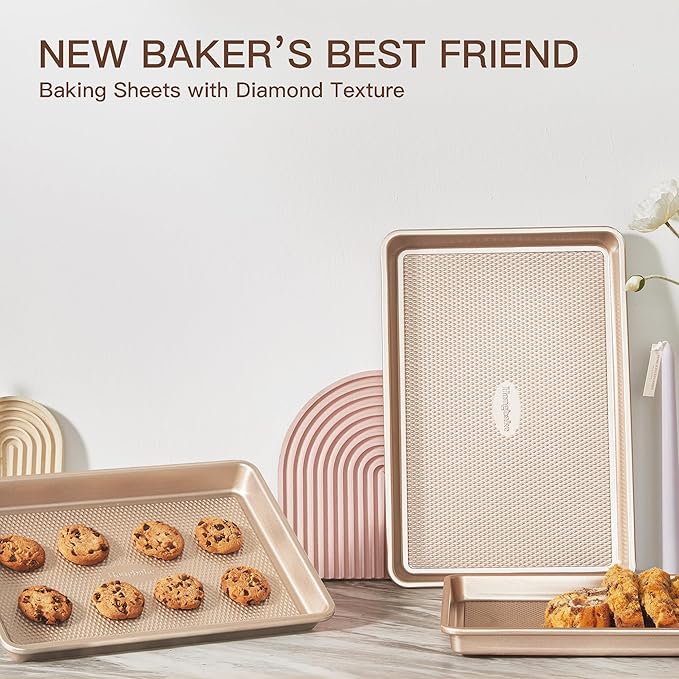 HONGBAKE Baking Sheet Pan Set of 3, Cookie Sheets for Oven, Nonstick Half/Quarter/Jelly Roll Pans with Diamond Texture Pattern, 0.8mm Thick Heavy Duty Cookie Tray, Champagne Gold - Image 8