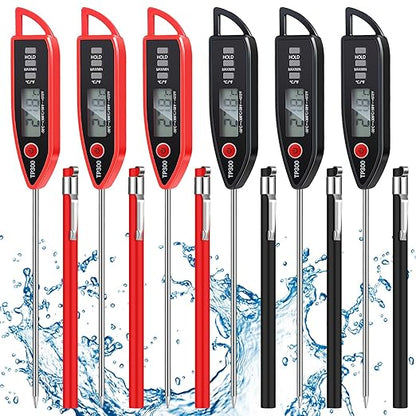 Copkim 6 Set Waterproof Food Thermometer for Water, Liquid, Candle and Cooking Digital Meat Thermometer with Long Probe Instant Read for Kitchen BBQ Grill Candy (Black,Red)