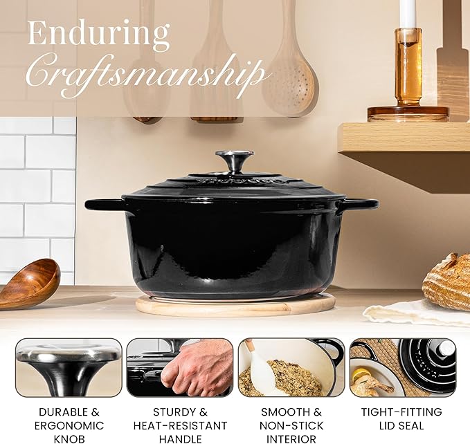 Cast Iron Pot with Lid – Non-Stick Ovenproof Enamelled Casserole Pot, Oven Safe up to 500° F – Sturdy Dutch Oven Cookware – Black, 5-Quart, 24cm – by Nuovva - Image 7