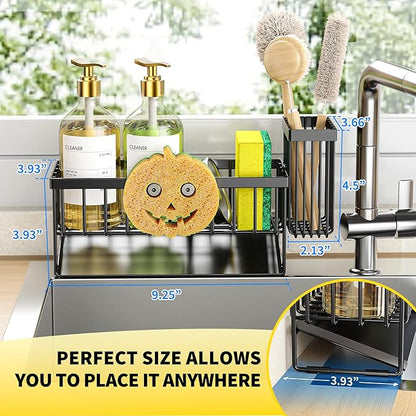 Cisily Kitchen Sink Caddy Organzier with High Brush Holder, Sponge Holder for Sink, 304 Rustproof Stainless, Kitchen Countertop Soap Dispenser Organizer (Black With Smiley Face Holder, 9.25″) - Image 2