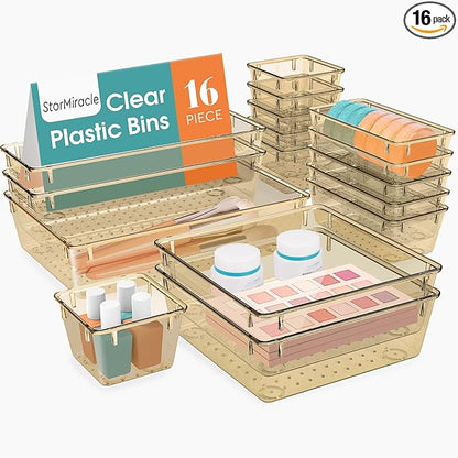 StorMiracle 16 PCS Drawer Organizer Set, 5 Varied Size Bathroom and kitchen Drawer cabinet organizer Trays, Clear Storage Bins for Makeup, Jewelry, Utensils and Gadgets, Champagne by StorMiracle