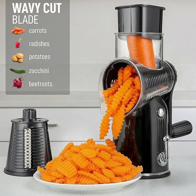 Zulay Kitchen Rotary Cheese Grater 5 Blade Cheese Shredder - Manual Hand Crank Cheese Grater With Reinforced Suction & 5 Interchangeable Drums - Easy to Use, Vegetable Chopper Round Mandoline Slicer - Image 4