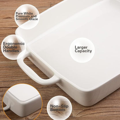 9 x13 Baking Dish Ceramic Lasagna Pan for Oven, Large Bakeware Tray Rectangular Casserole Dishes with Double Handle for Cooking and Daily Use -White