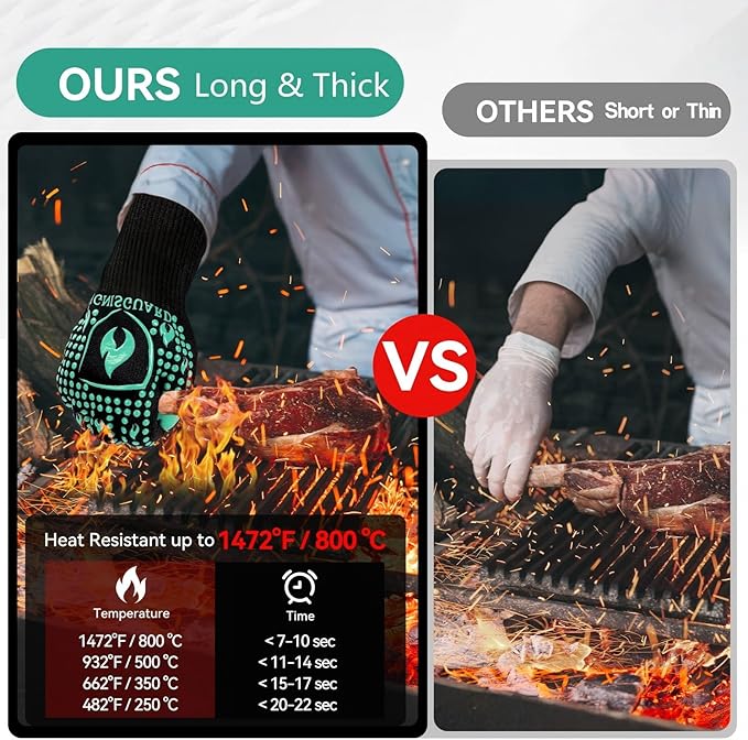 BBQ & Grill Gloves, Oven Gloves, 1472°F Silicone Oven Mitts Heat Resistant Grilling Gloves Fireproof Non-Slip for Barbecue Cooking Baking Smoking, 1-Pair (Green, Large)