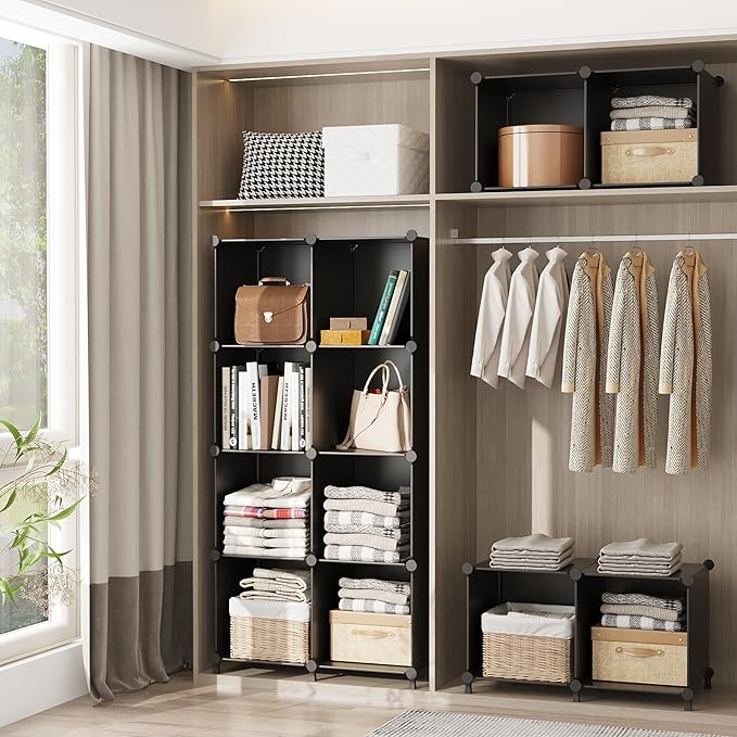 AWTATOS Cube Storage Organizer Closet Storage Shelves DIY Stackable Plastic Storage 12 Cube Bookshelf, Ideal Storage Organizer for Closet, Home, Bedroom, Black - Image 4