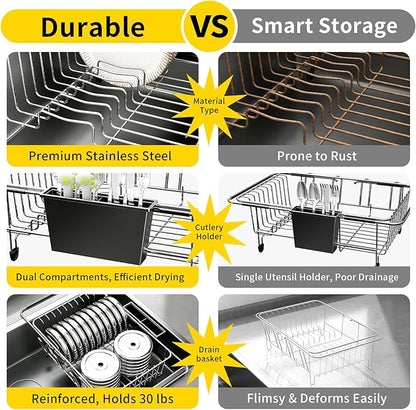 PureBox Expandable Over The Sink Dish Drying Rack - Adjustable Stainless Steel Dish Rack for Kitchen Counter or In-Sink, Heavy-Duty Rust-Proof Space Saving Drainer with Utensil Holder (15.5" to 23.2")