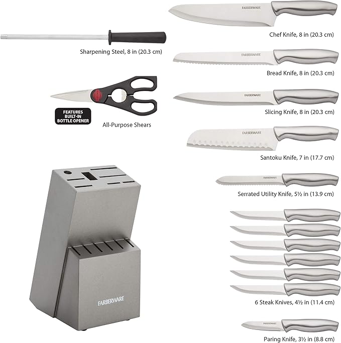 Farberware 15-Piece Stamped Stainless Steel Knife Block Set, High-Carbon Stainless Steel Kitchen Knife Set with Ergonomic Handles, Razor-Sharp Knives with Wood Block, 15-Piece Set, Graphite - Image 6