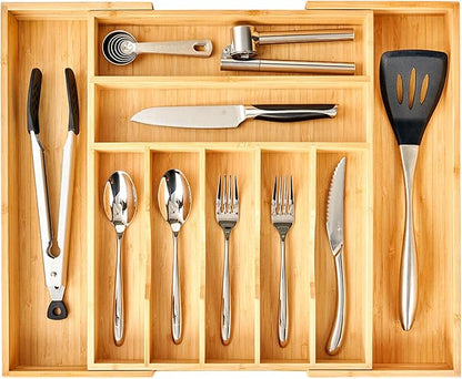Umilife Large Expandable Kitchen Silverware Utensils Drawer Organizer, 2.5" Extra High Adjustable Drawer Divider with Curved Grooves, Bamboo Wood Cutlery Tray Flatware Holder by Umilife