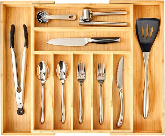 Umilife Large Expandable Kitchen Silverware Utensils Drawer Organizer, 2.5" Extra High Adjustable Drawer Divider with Curved Grooves, Bamboo Wood Cutlery Tray Flatware Holder by Umilife