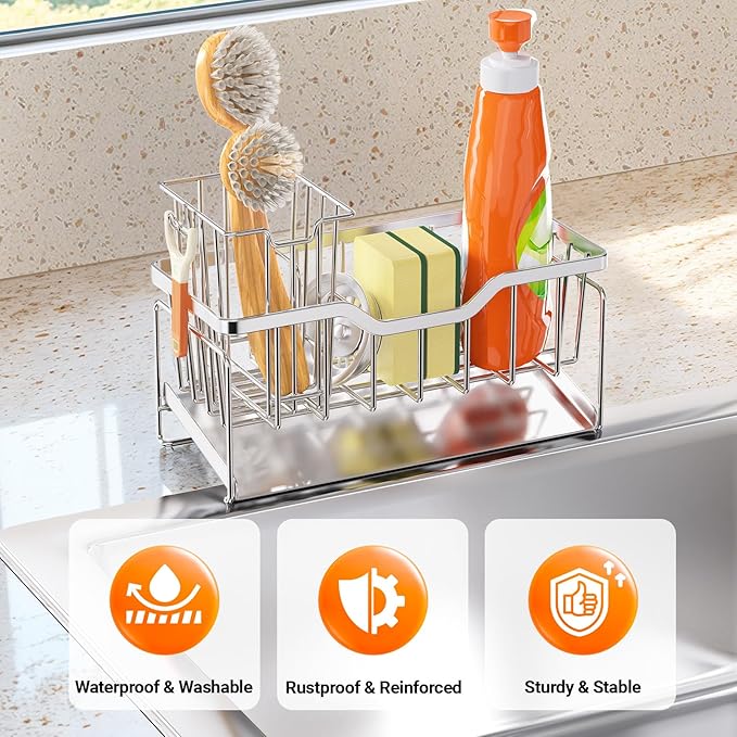 StorageRight Kitchen Sink Caddy Organizer, Rustproof Sponge Holder for Kitchen Sink, Instant Dry High Brush Holders with Drain Tray, Anti-Slip Sink Storage Organization Essentials, Silver - Image 3