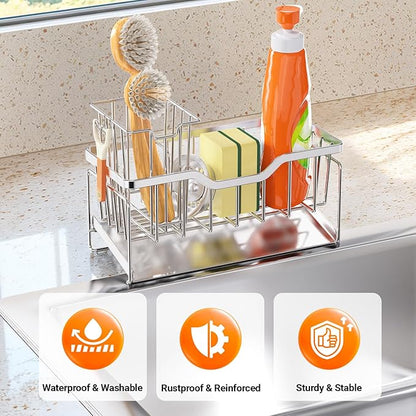 StorageRight Kitchen Sink Caddy Organizer, Rustproof Sponge Holder for Kitchen Sink, Instant Dry High Brush Holders with Drain Tray, Anti-Slip Sink Storage Organization Essentials, Silver - Image 3
