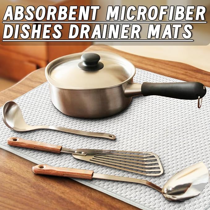 3 Pcs XXL Dish Drying Mat,Absorbent Microfiber Dishes Drainer Mats,Large Size 24×17" Pads for Kitchen Counter,Coffee,Rack,Under Sink,Light Gray - Image 5