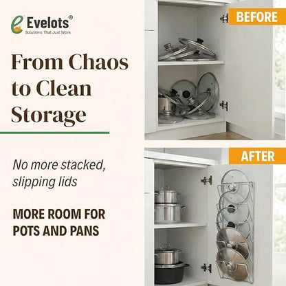 Evelots 6-Tier Pot Lid Organizer for Cabinet Door or Pantry Wall - Pots and Pans Lid Holder Rack - Glass or Metal Pan Covers Cabinet Organizer Kitchen Storage - Chrome Finished