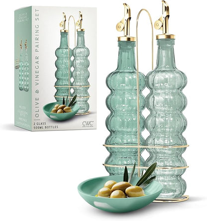 COOK WITH COLOR Glass Olive Oil Bottle Dispenser - 2 Pack- 17oz Oil and Vinegar Cruet - Olive Oil Carafe Decanter for Kitchen, Elegant Waves, Green by CookwithColor