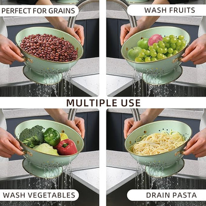 Metal Colander Set of 3, Strainer Basket with Handles perfect for Spaghetti, Pasta, Berry, Vegetable, Fruit, Solid Base Powder Coated Kitchen Essential Strainer Set, 1 & 3.5 & 5 Qt (Green) - Image 6