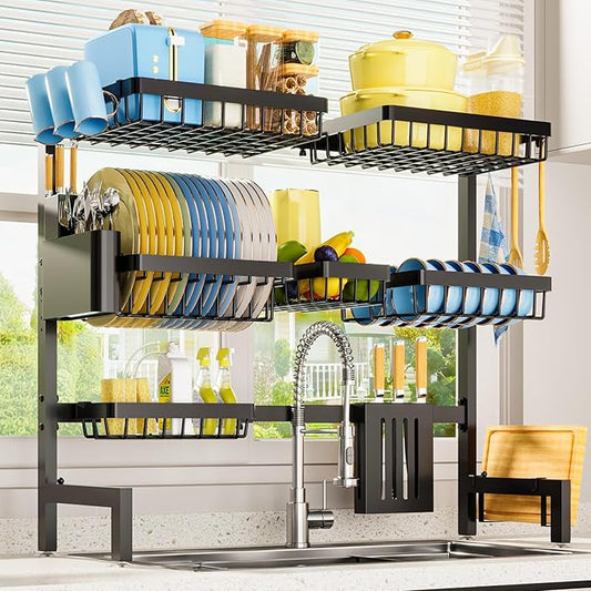 Sakugi Dish Drying Rack - Over The Sink Dish Drainer Drying Rack with Utensil & Knife Holder, Hooks, Stainless Steel Kitchen Organizers and Storage Solution, 11.8" D x 31.5"~39.0''W x 30" H, Black by Sakugi