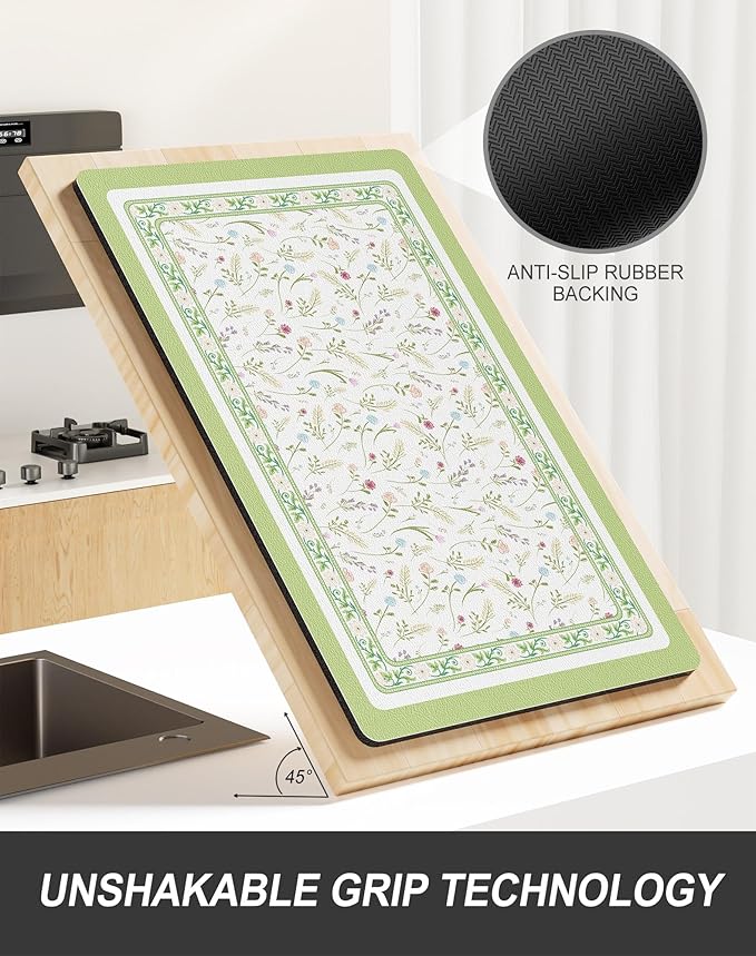 Rnivvi Dish Drying Mat for Kitchen Counter, XL 15 x 24" Cute Flower Theme Absorbent Draining Pad, Non-Slip Heat Resistant Coffee Bar Mat for Coffee Machine Station Accessories, Green Dish Rack Pad - Image 5