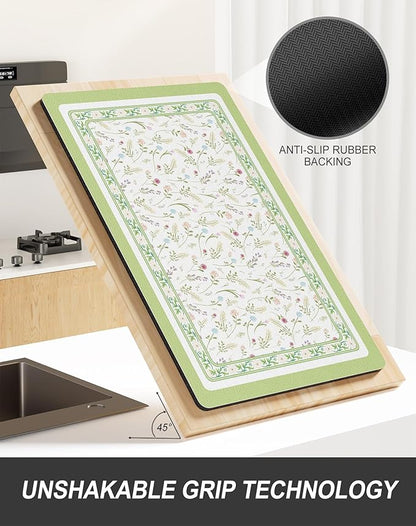 Rnivvi Dish Drying Mat for Kitchen Counter, XL 15 x 24" Cute Flower Theme Absorbent Draining Pad, Non-Slip Heat Resistant Coffee Bar Mat for Coffee Machine Station Accessories, Green Dish Rack Pad - Image 5