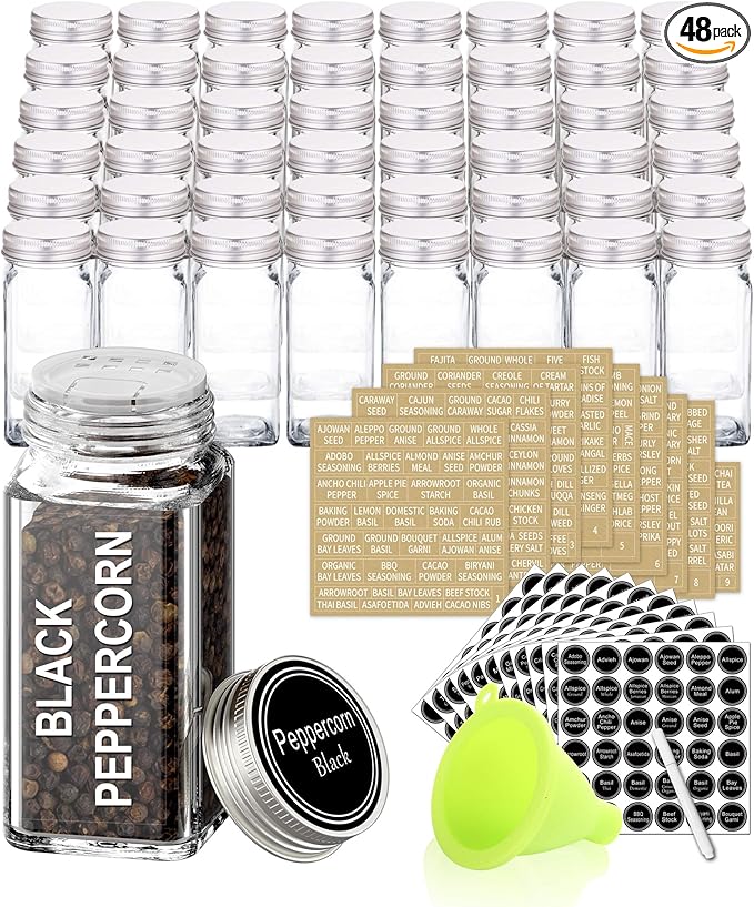 SWOMMOLY 48 Glass Spice Jars with 713 Spice Labels, Chalk Marker and Funnel Complete Set. 48 Square Glass Jars 4OZ, Airtight Cap, Pour/sift Shaker Lid by SWOMMOLY