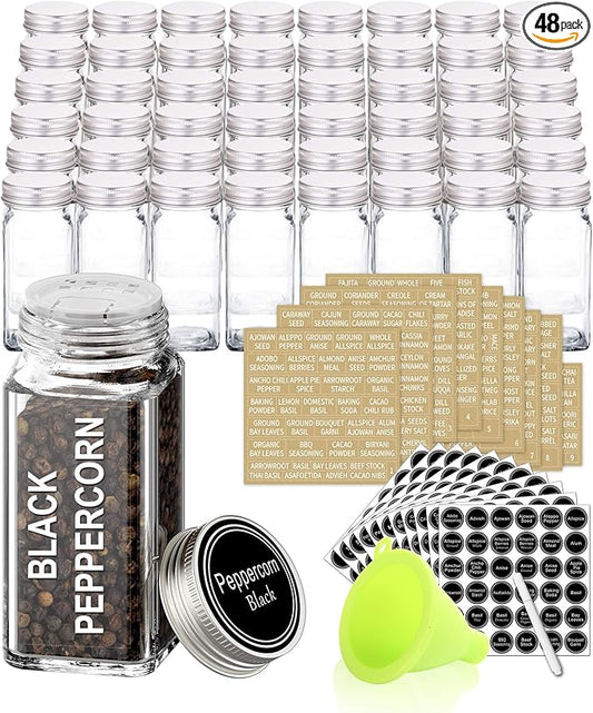 SWOMMOLY 48 Glass Spice Jars with 713 Spice Labels, Chalk Marker and Funnel Complete Set. 48 Square Glass Jars 4OZ, Airtight Cap, Pour/sift Shaker Lid by SWOMMOLY