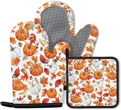 Thanksgiving Pumpkin Oven Mitts and Pot Holders, Fall Oven Mitts Sets of 3 for Cooking Lover Kitchen Decor, Pumpkins Heat Resistant Non-Slip Silicone Kitchen Glove Gifts for Mom Wife Sister BFF