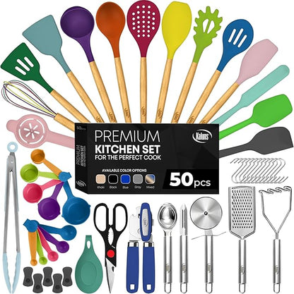 Kaluns 50 PCS Silicone Kitchen Utensils Set Complete Kitchen Set - 800°F Heat Resistant Non-Stick Premium Cooking Utensils W Wooden Handles - Can Opener, Masher, Turner, Silicone Spatula Set by Kaluns%C2%AE