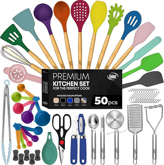 Kaluns 50 PCS Silicone Kitchen Utensils Set Complete Kitchen Set - 800°F Heat Resistant Non-Stick Premium Cooking Utensils W Wooden Handles - Can Opener, Masher, Turner, Silicone Spatula Set by Kaluns%C2%AE