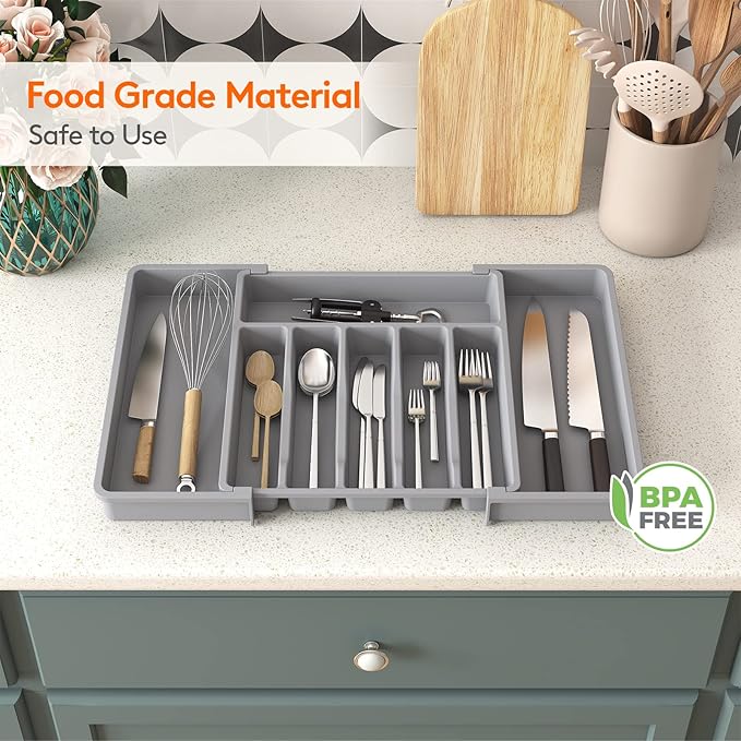 Lifewit Silverware Drawer Organizer, Expandable Utensil Tray for Kitchen, BPA Free Flatware and Cutlery Holder, Adjustable Plastic Storage for Spoons Forks Knives, 13-22 x 15", Grey - Image 6