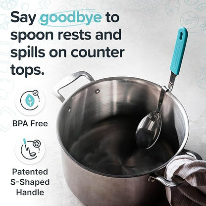 Souper Cubes + Lori Greiner No Mess Stainless Steel Cooking Spoon with Silicone Handle - Stainless Steel Serving Spoon No Mess Design Hooks on Side of Any Pot - Aqua - Image 3