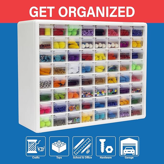 Akro-Mils 64-Drawer Plastic Drawer Storage Cabinet for Garage Organization, Bead Organizer, Building Bricks Storage, Teacher Toolbox, Makeup Organizer, 20" W x 6" D x 16" H, 10164 White - Image 3