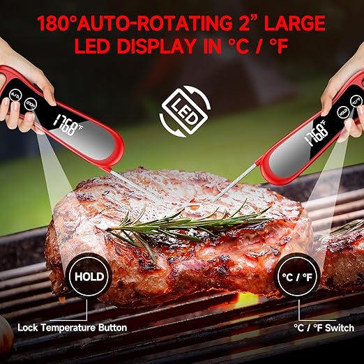 2026 Upgraded Meat Thermometer Digital-Instant Read Food Thermometer with Large LED Display, IP67 Waterproof Kitchen Thermometer with Compact Foldable Design for Cooking, Candy, Kitchen, BBQ - Image 3