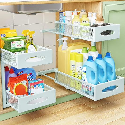 2 Pack Under Sink Organizer, 2 Tier Pull out Cabinet Organizer Mesh Baskets with 5 Adjustable Heights, Sliding Drawers Storage Shelf for Home, Kitchen, Bathroom, Pantry, Office, Countertop ,Blue