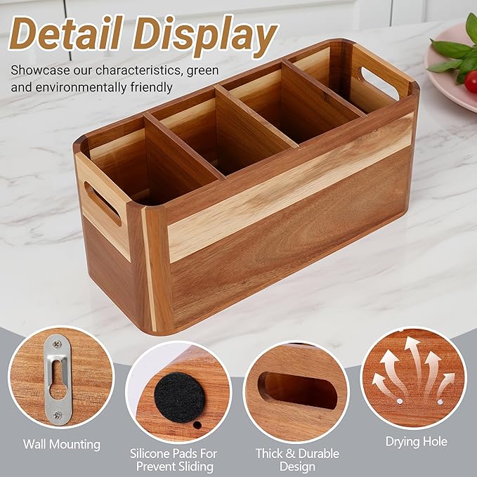 2PC Wooden Kitchen Utensil Holder for Countertop - Wall-mountable Large 4+3 Compartment Acacia Wood Organizer, Rustic Minimalist Utensil Crock for Cooking Tools and Flatware Storage