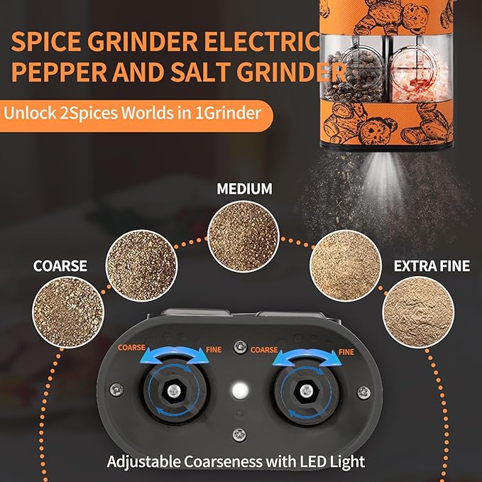 Dual Chamber Salt and Pepper Grinder Set Rechargeable,Electric Pepper Grinder USB-C,One-Hand Control Automatic Salt Mill Shakers,Ceramic Adjustable Coarseness,Large Capacity LED for Kitchen Home Gifts