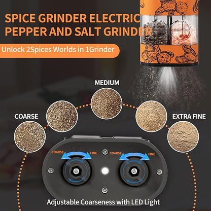 Dual Chamber Salt and Pepper Grinder Set Rechargeable,Electric Pepper Grinder USB-C,One-Hand Control Automatic Salt Mill Shakers,Ceramic Adjustable Coarseness,Large Capacity LED for Kitchen Home Gifts