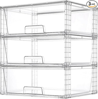 Vtopmart 3 Pack Large Stackable Storage Drawers,Easily Assemble Clear Acrylic Bathroom Closet Undersink Organizers,Plastic Storage Bins for Cabinet,Kitchen Pantry,Medicine Organization by Vtopmart