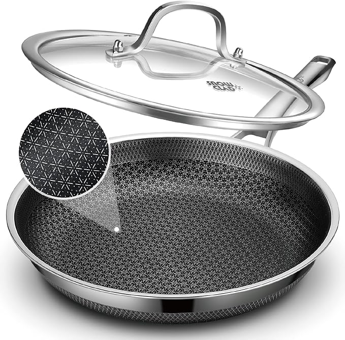 SNOWCLAD Hybrid Nonstick Stainless Steel Frying Pan with Lid, 12-Inch, PFOA-Free Non-Toxic Skillet, Induction Compatible, Dishwasher, Oven & Broiler Safe