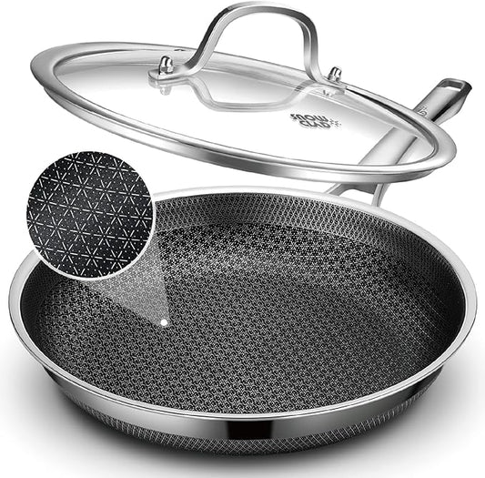 SNOWCLAD Hybrid Nonstick Stainless Steel Frying Pan with Lid, 12-Inch, PFOA-Free Non-Toxic Skillet, Induction Compatible, Dishwasher, Oven & Broiler Safe
