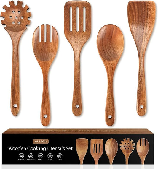 5 PCS Wooden Spoons for Cooking Natural Teak Kitchen Utensils Set Smooth Non-Stick Surface Cooking Utensils Set Soft Comfort-Grip Wooden Spatula Set by MULBOM