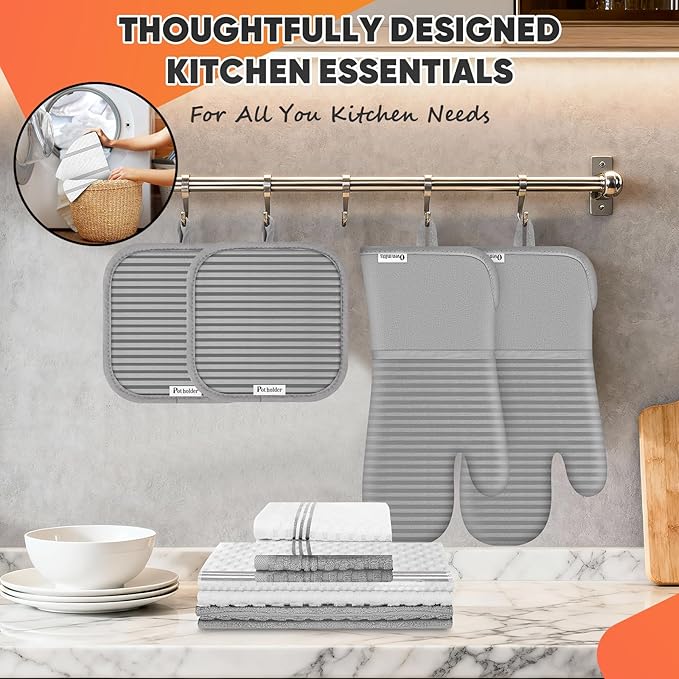 Oven Mitts Kitchen Towels and Dishcloths with Pot Holders Sets, Oven Gloves Hot Pads 500°F Heat Resistant with Silicone Grip, Include 2 Cooking Gloves/2 Potholders/4 Kitchen Towels/4 Dish Towels-Gray - Image 5