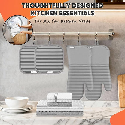 Oven Mitts Kitchen Towels and Dishcloths with Pot Holders Sets, Oven Gloves Hot Pads 500°F Heat Resistant with Silicone Grip, Include 2 Cooking Gloves/2 Potholders/4 Kitchen Towels/4 Dish Towels-Gray - Image 5
