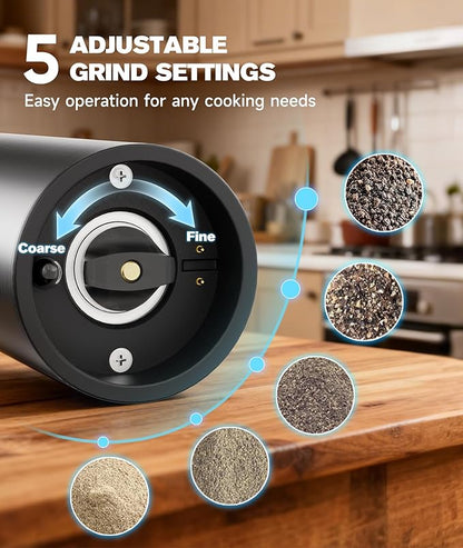 Electric Salt and Pepper Grinder Set with Charging Base, Rechargeable Salt and Pepper Mill with Adjustable Coarseness, LED Light, 110ml Large Capacity for Kitchen, Outdoors, Gifts for Women
