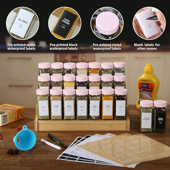48 Glass Spice Jars with Labels, Spice Jar Set, 4oz Seasoning Containers, Spice Containers with Pink Airtight Lids and Shaker Lids, Square Empty Spice Bottles, 492 Labels, 1 Funnel - Image 2