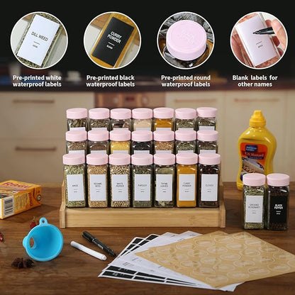 36 Glass Spice Jars with Labels, Spice Jar Set, 4oz Seasoning Containers, Spice Containers with Pink Airtight Lids and Shaker Lids, Square Empty Spice Bottles, 492 Labels, 1 Funnel - Image 2