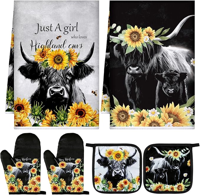 Leinuosen 6 Sunflower Cow Kitchen Towels Kitchen Decor and Accessories Set Floral Plant Oven Mitts and Pot Holders Sets Farmhouse Absorbent Dish Towels for Cooking Baking Grilling by Leinuosen