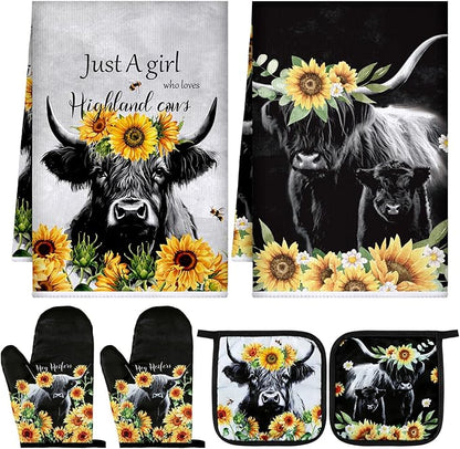Leinuosen 6 Sunflower Cow Kitchen Towels Kitchen Decor and Accessories Set Floral Plant Oven Mitts and Pot Holders Sets Farmhouse Absorbent Dish Towels for Cooking Baking Grilling by Leinuosen