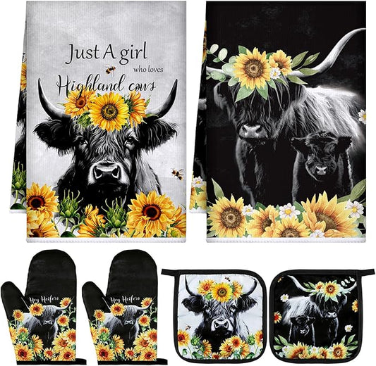 Leinuosen 6 Sunflower Cow Kitchen Towels Kitchen Decor and Accessories Set Floral Plant Oven Mitts and Pot Holders Sets Farmhouse Absorbent Dish Towels for Cooking Baking Grilling by Leinuosen