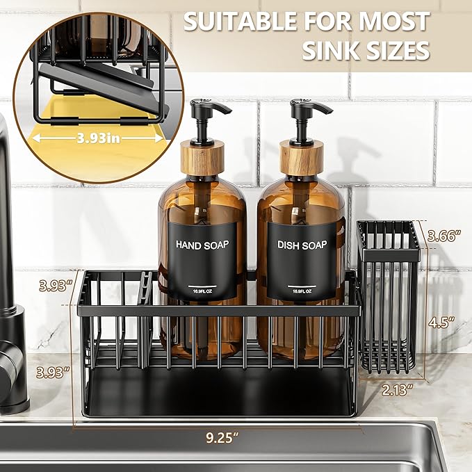 Cisily Kitchen Dish Soap Dispenser Set with 2 Pack 16.9oz Amber Glass Bottle and Sponge Holder, Dish Soap Dispensers with Adjustable Sponge Holder, Vintage Hand and Dish Soap Dispensers Set - Image 7